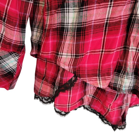 Victorias Secret L Red Plaid 2 Piece Pajama Set Lace Trim Shirt Shorts - Picture 9 of 13